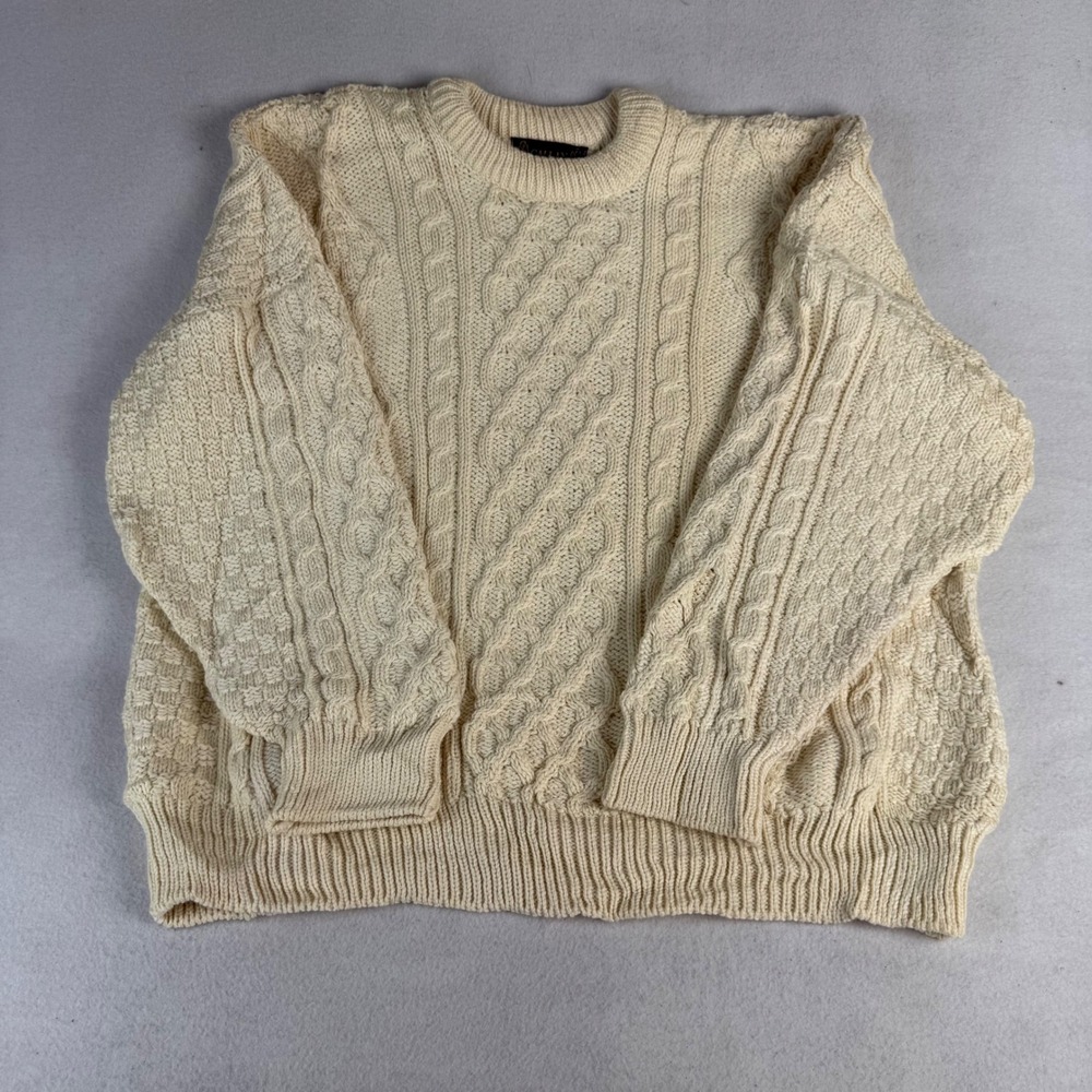 Callan Ireland Men's Cream 100% Pure Merino Wool Aran Cable Knit Sweater XL